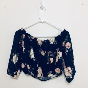 Crop top, long sleeve, navy blue, floral,